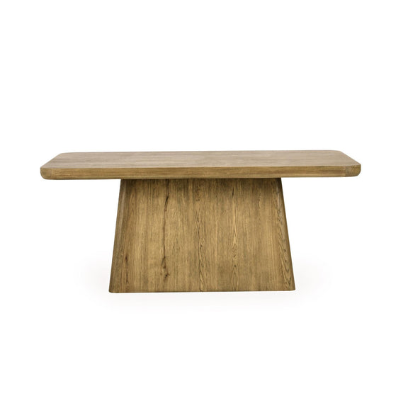 Natural wood dining table with pedestal base and smooth tabletop overhang