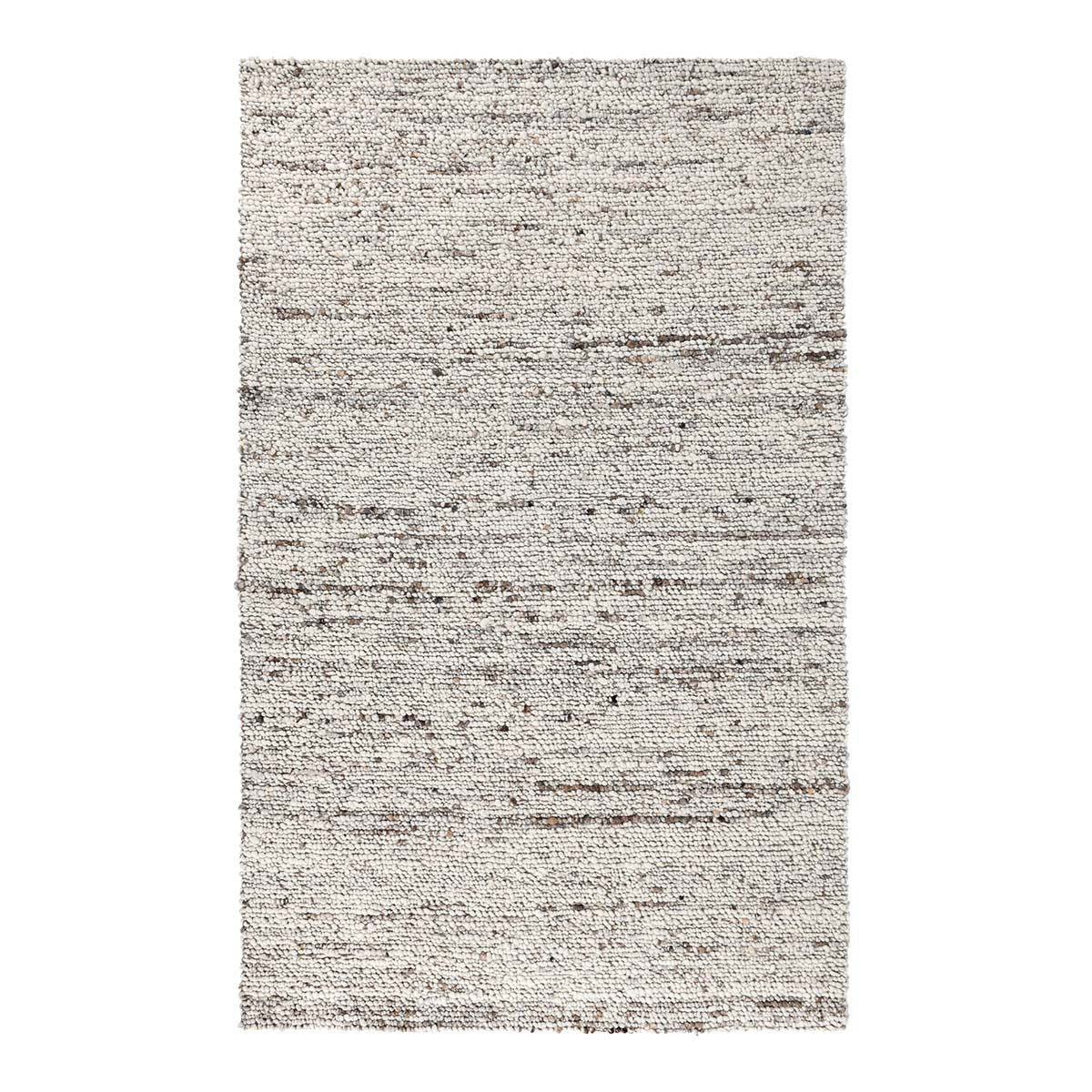 Natural wool rug with flatwoven speckled texture and subtle stripe pattern