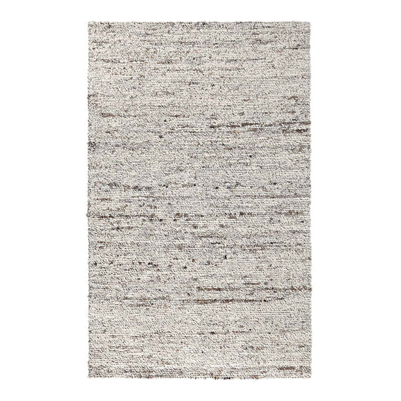 Natural wool rug with flatwoven speckled texture and subtle stripe pattern