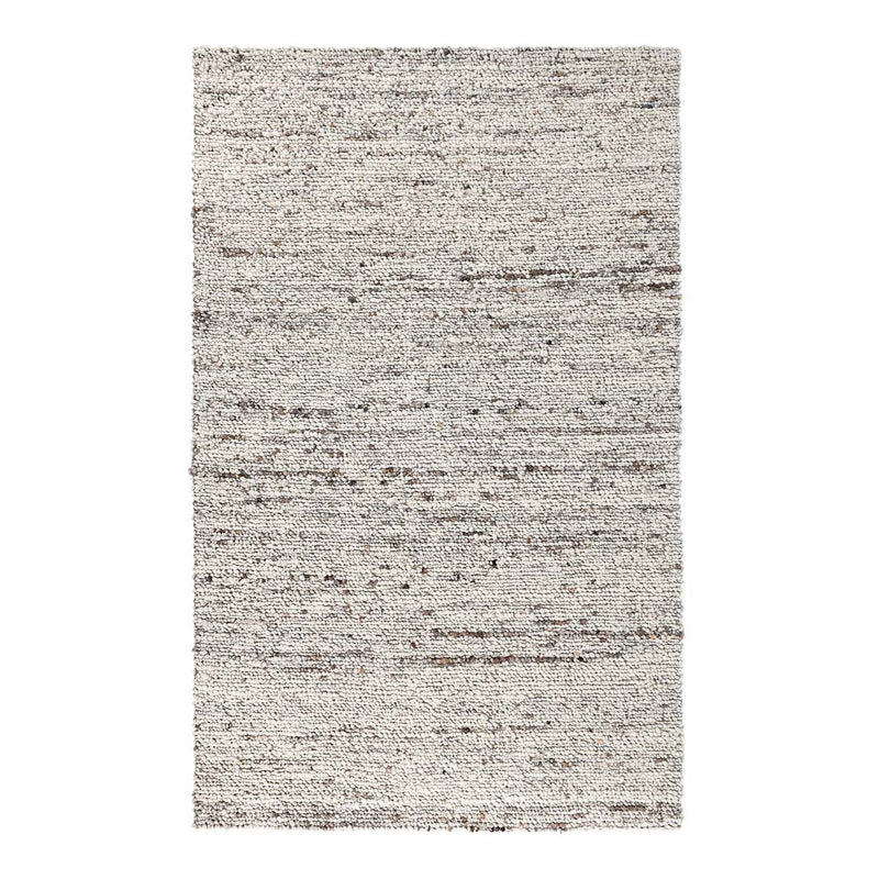 Natural wool rug with flatwoven speckled texture and subtle stripe pattern