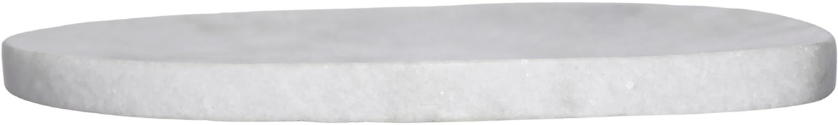 Round white marble decorative tray shown from the side, low profile rim