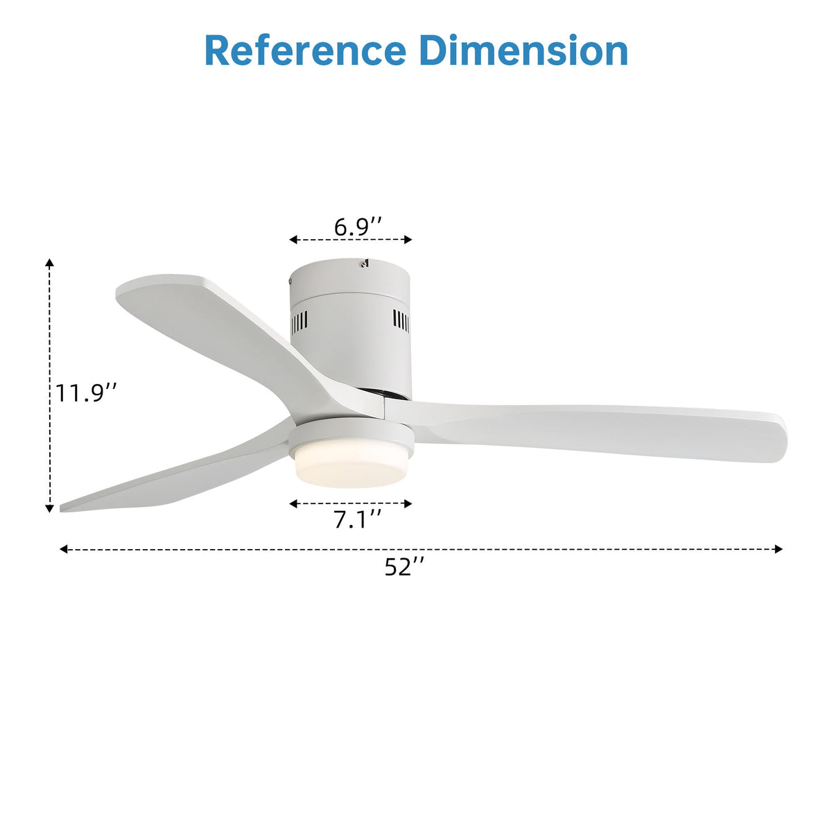 52-inch white ceiling fan dimension diagram, three blades and motor housing