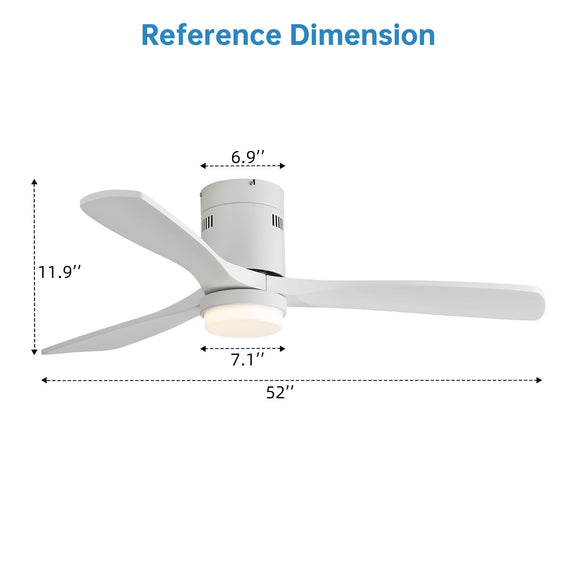52-inch white ceiling fan dimension diagram, three blades and motor housing