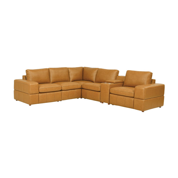 Modular U-shaped sectional sofa with large square arms, light brown upholstery.