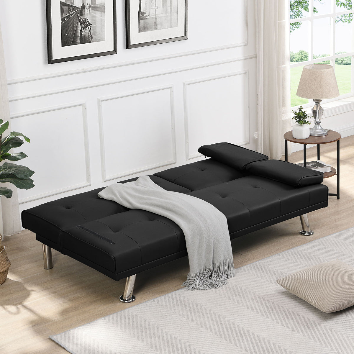Modern Sofa Bed With Armrest 2 Holders, Wood Frame & Stainless Leg