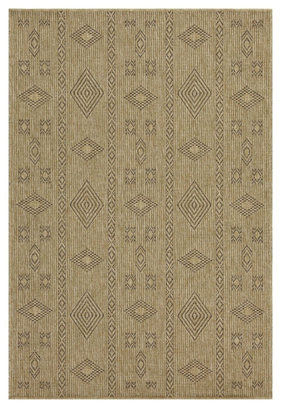 Mocha jute area rug with repeating geometric diamond motifs and textured weave