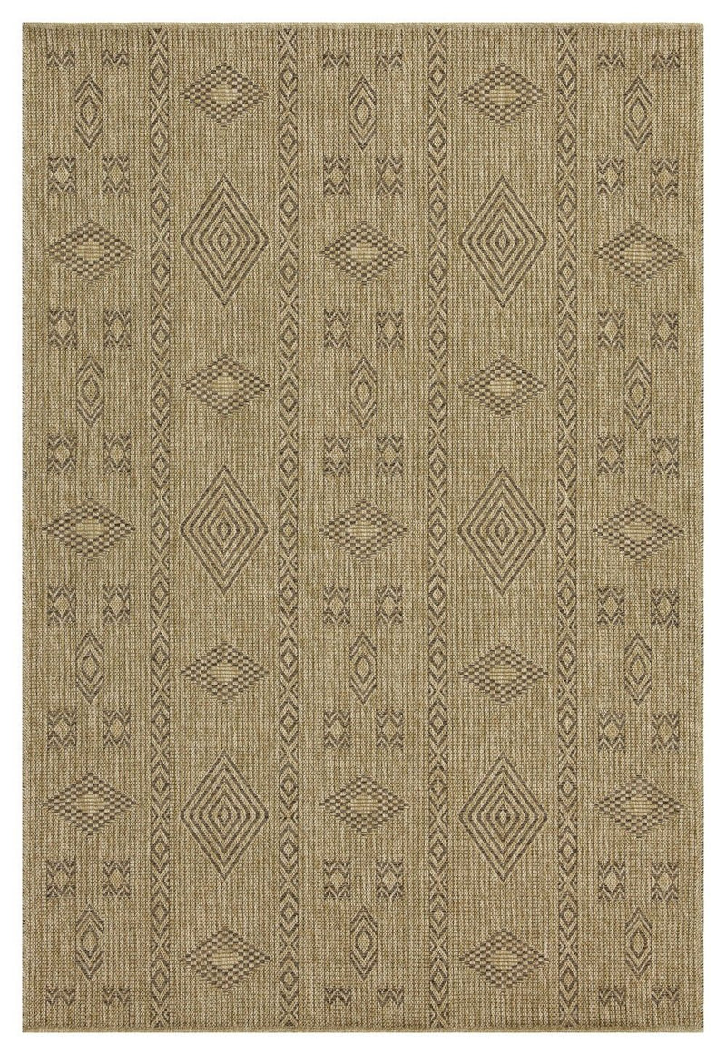 Mocha jute area rug with repeating geometric diamond motifs and textured weave