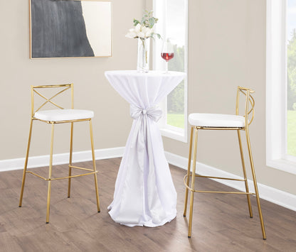 Gold contemporary fixed-height barstool with white upholstered seat and X-back frame.