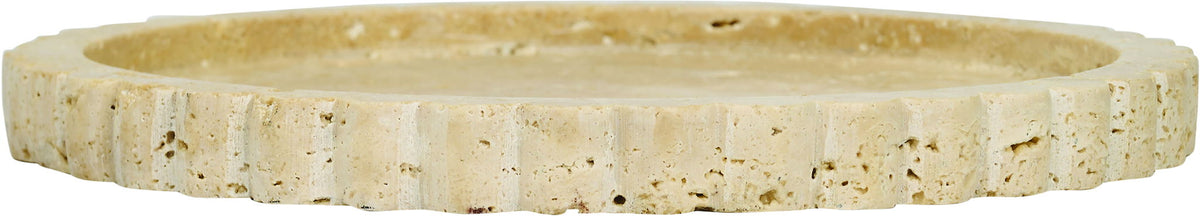 Light beige travertine tray side view with thick scalloped edge.
