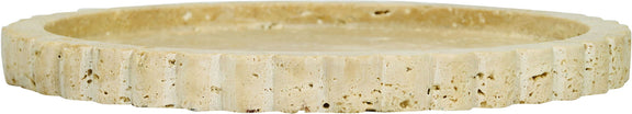 Light beige travertine tray side view with thick scalloped edge.