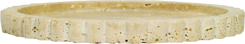 Light beige travertine tray side view with thick scalloped edge.