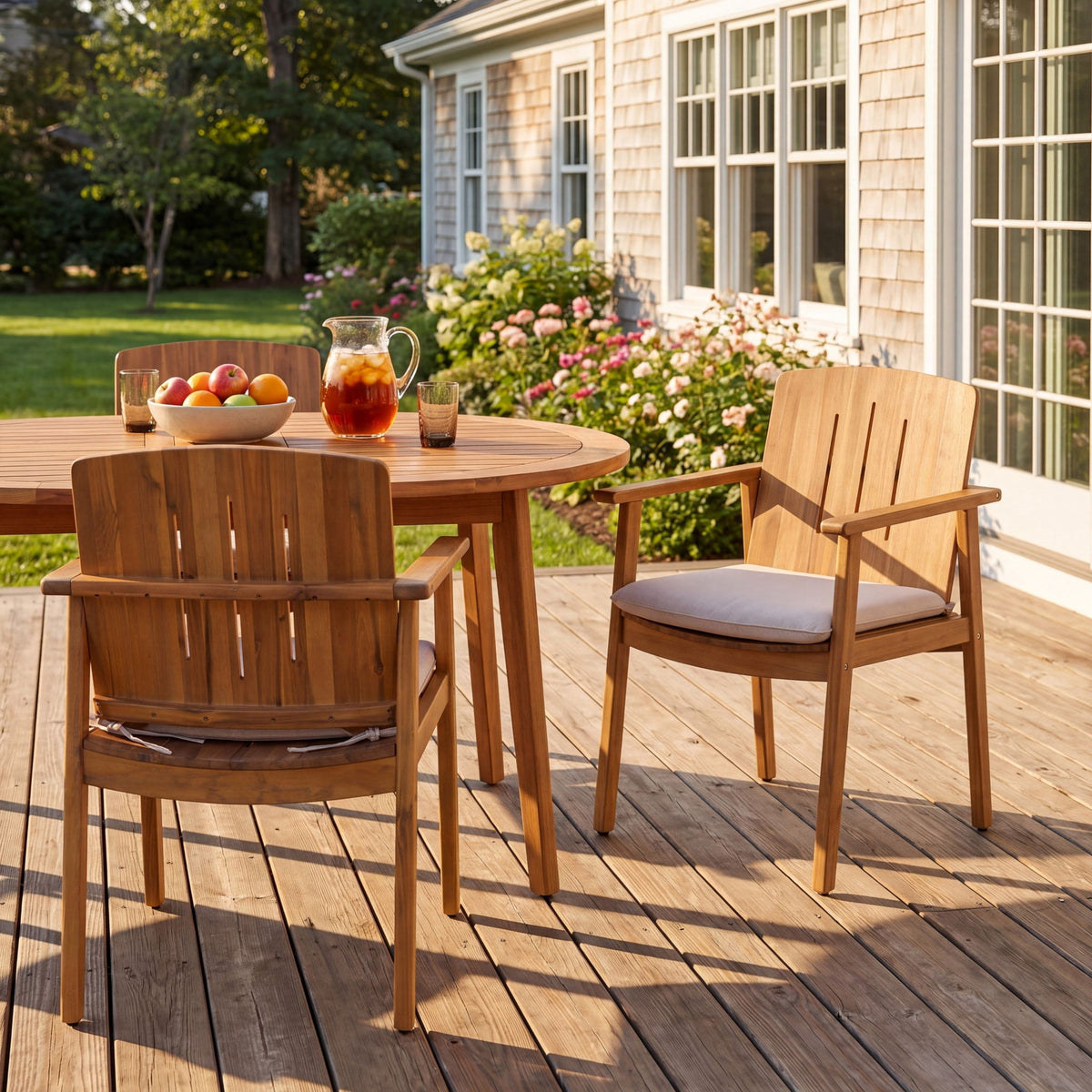 Teak outdoor dining chair set of two with white cushions and slatted backs