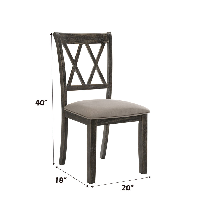 Weathered gray dining chair with X-cross back and gray upholstered seat cushion