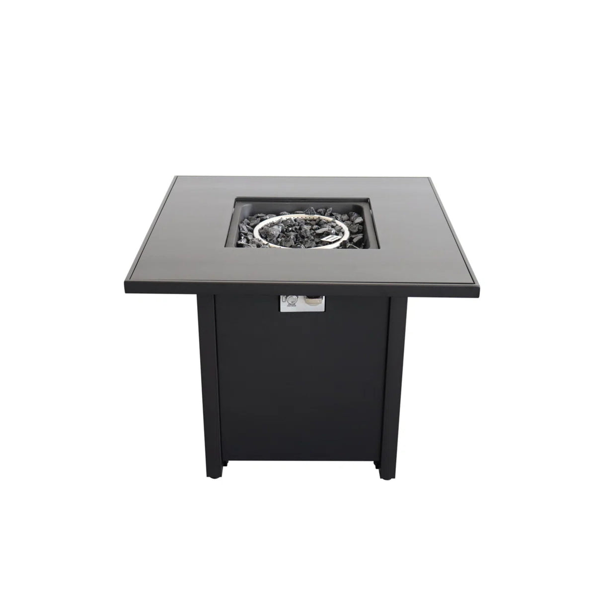 Black outdoor fire pit table with square top and open fire bowl insert
