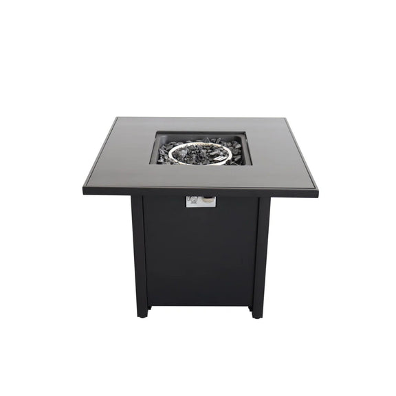 Black outdoor fire pit table with square top and open fire bowl insert
