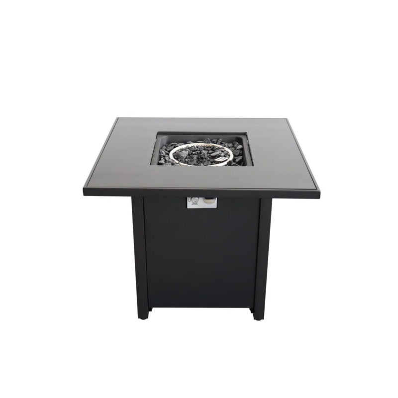 Black outdoor fire pit table with square top and open fire bowl insert
