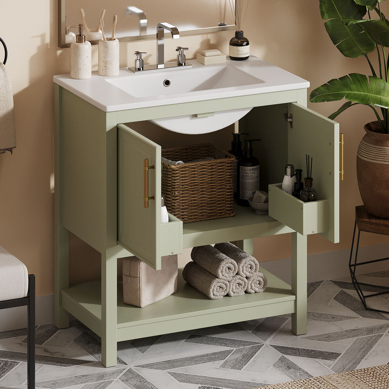 Elegant Bathroom Vanity With Ceramic Sink And Versatile Storage