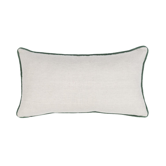 Natural lumbar pillow front with green piping and solid unpatterned fabric