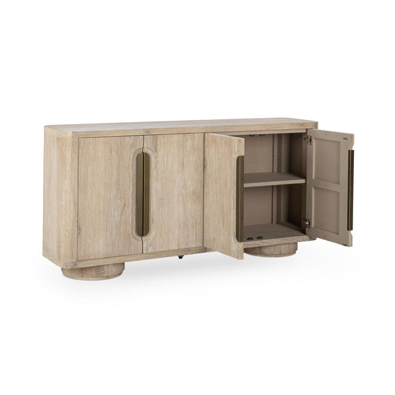 Cream washed 4-door buffet with one door open showing interior shelves