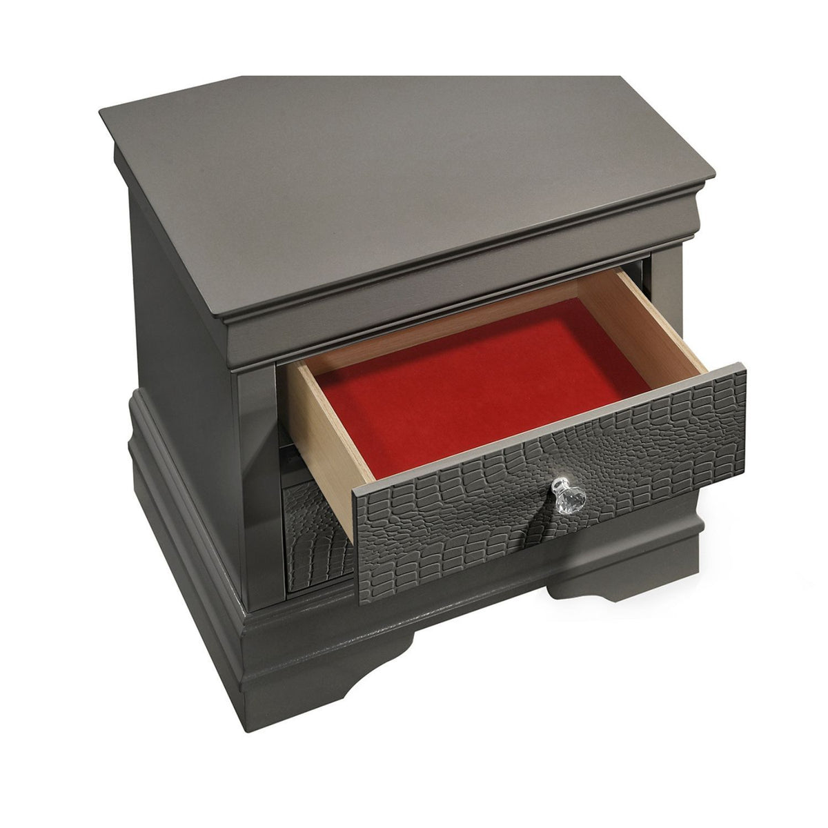 Dark gray 2-drawer nightstand with an open top drawer showing red interior lining