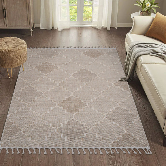 Beige trellis area rug with lattice motif and fringe tassel trim