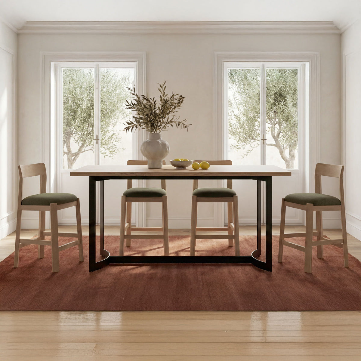 Oak counter table with natural wood top and black metal base