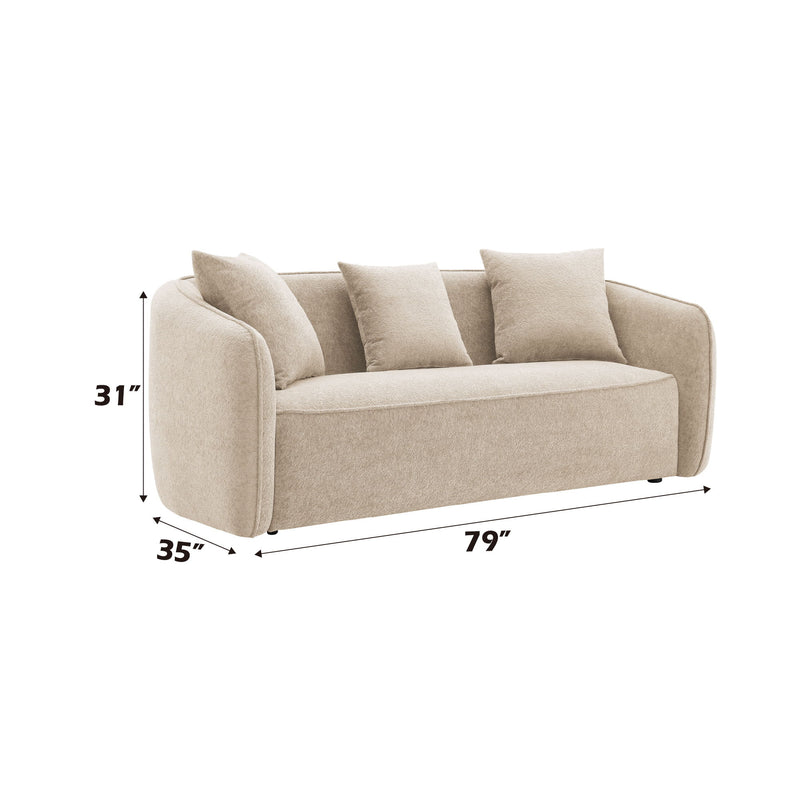 Light beige upholstered sofa with four matching toss pillows and rounded arms