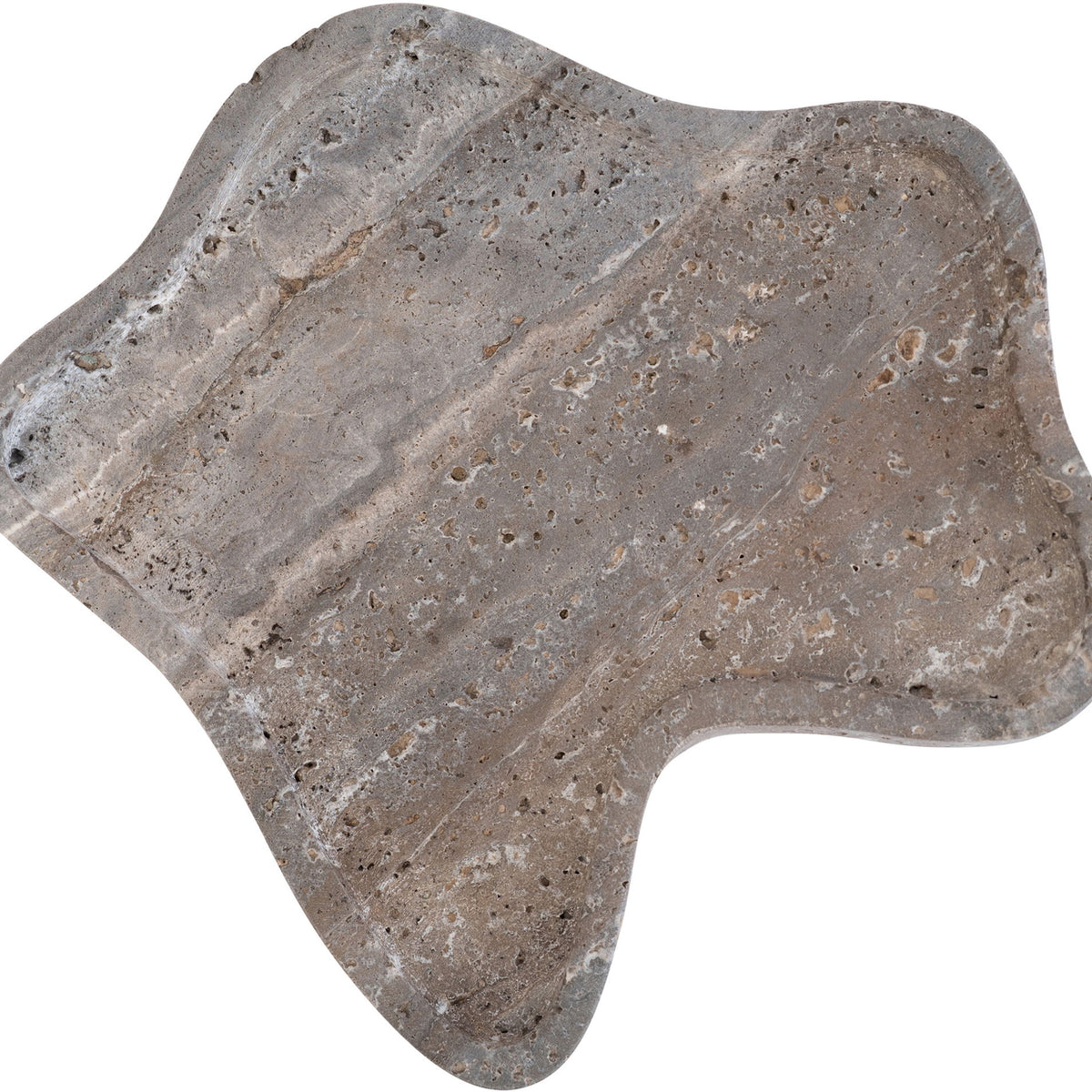 Gray marble serving tray with irregular wavy form and speckled surface
