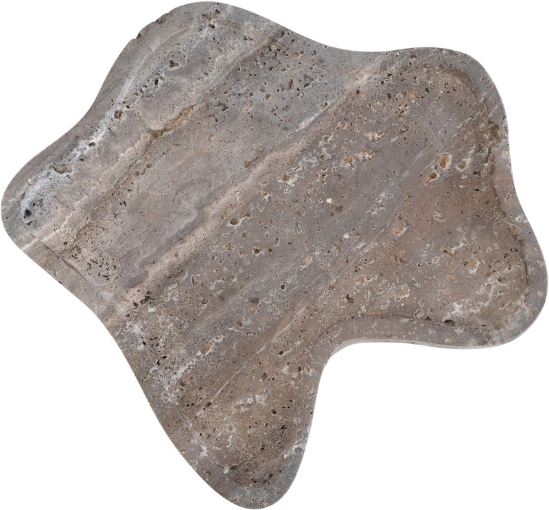 Gray marble serving tray with irregular wavy form and speckled surface