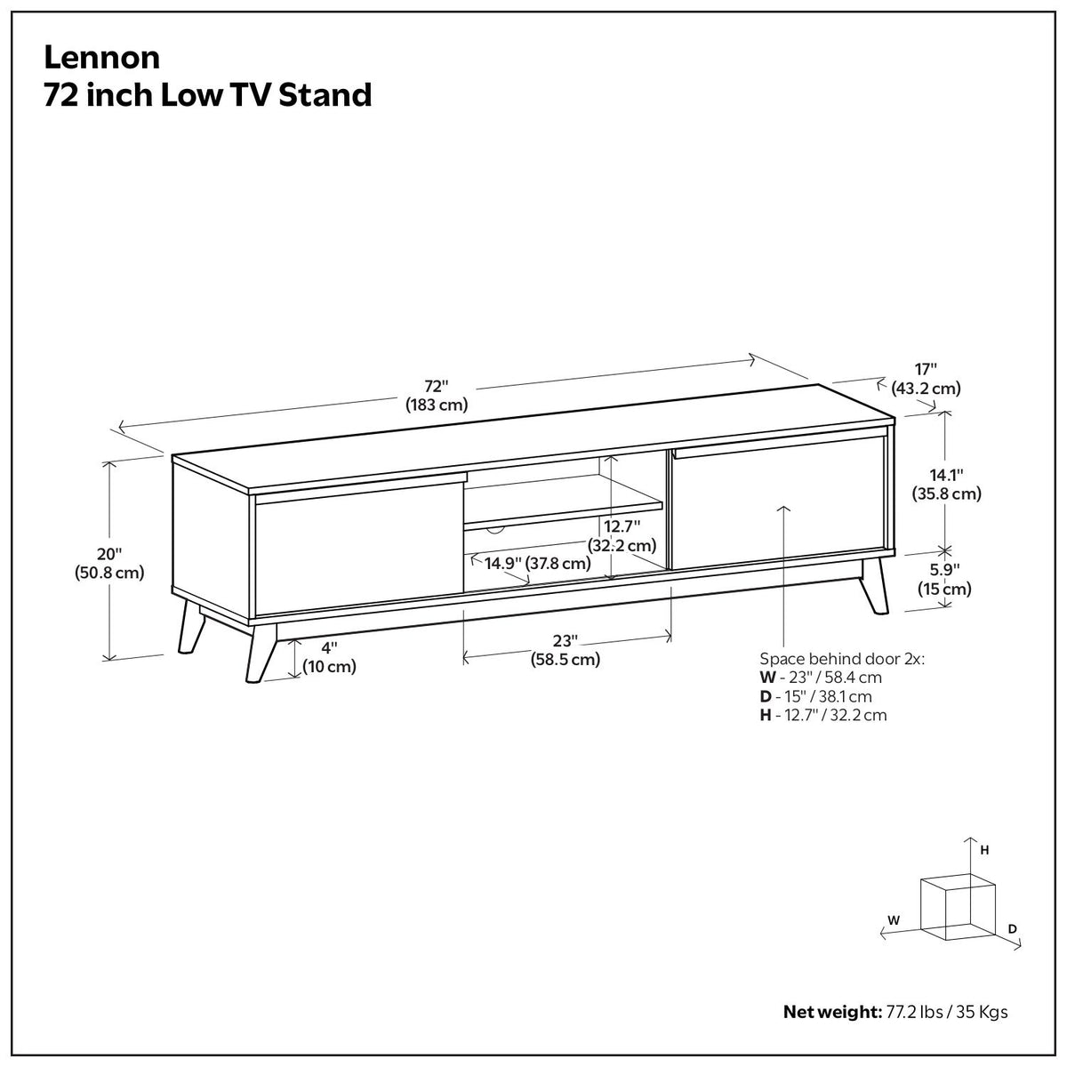 Low TV stand dimensions diagram for a 72-inch console with open center shelf.