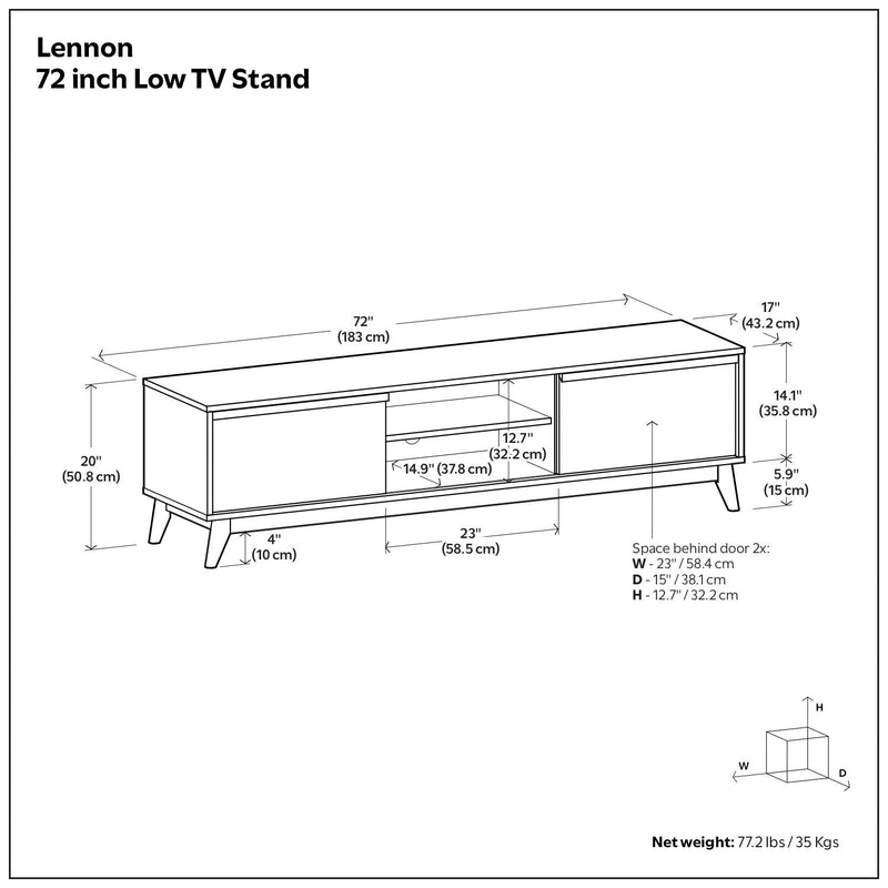 Low TV stand dimensions diagram for a 72-inch console with open center shelf.
