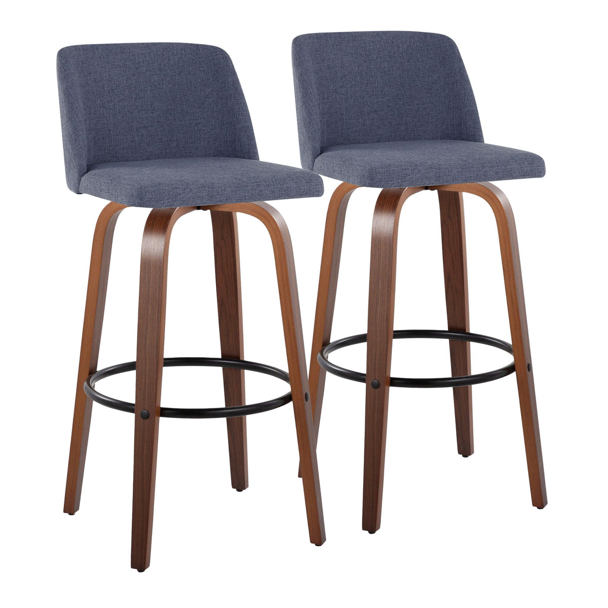 Set of 2 barstools with dark blue fabric seats, wood legs, round black footrest