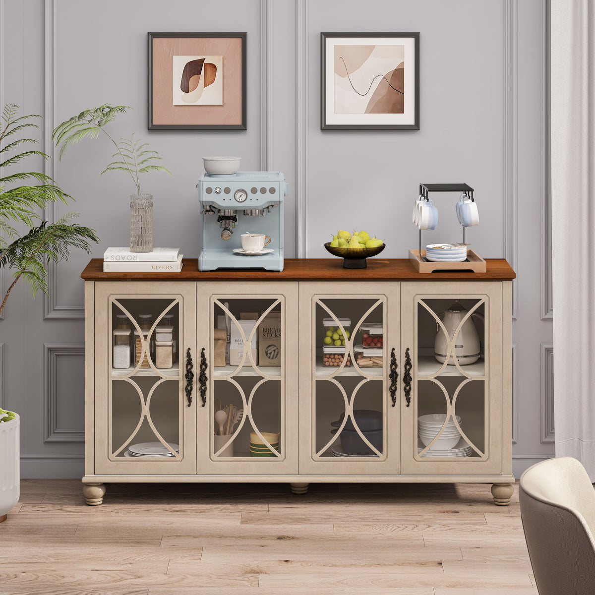 Elegant 4 Door Cabinet With Tempered Glass Doors