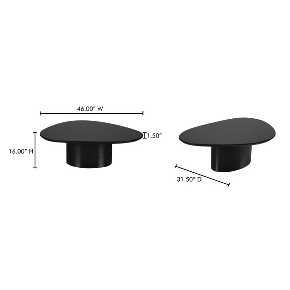 Black round lacquer coffee table with height and diameter dimensions shown