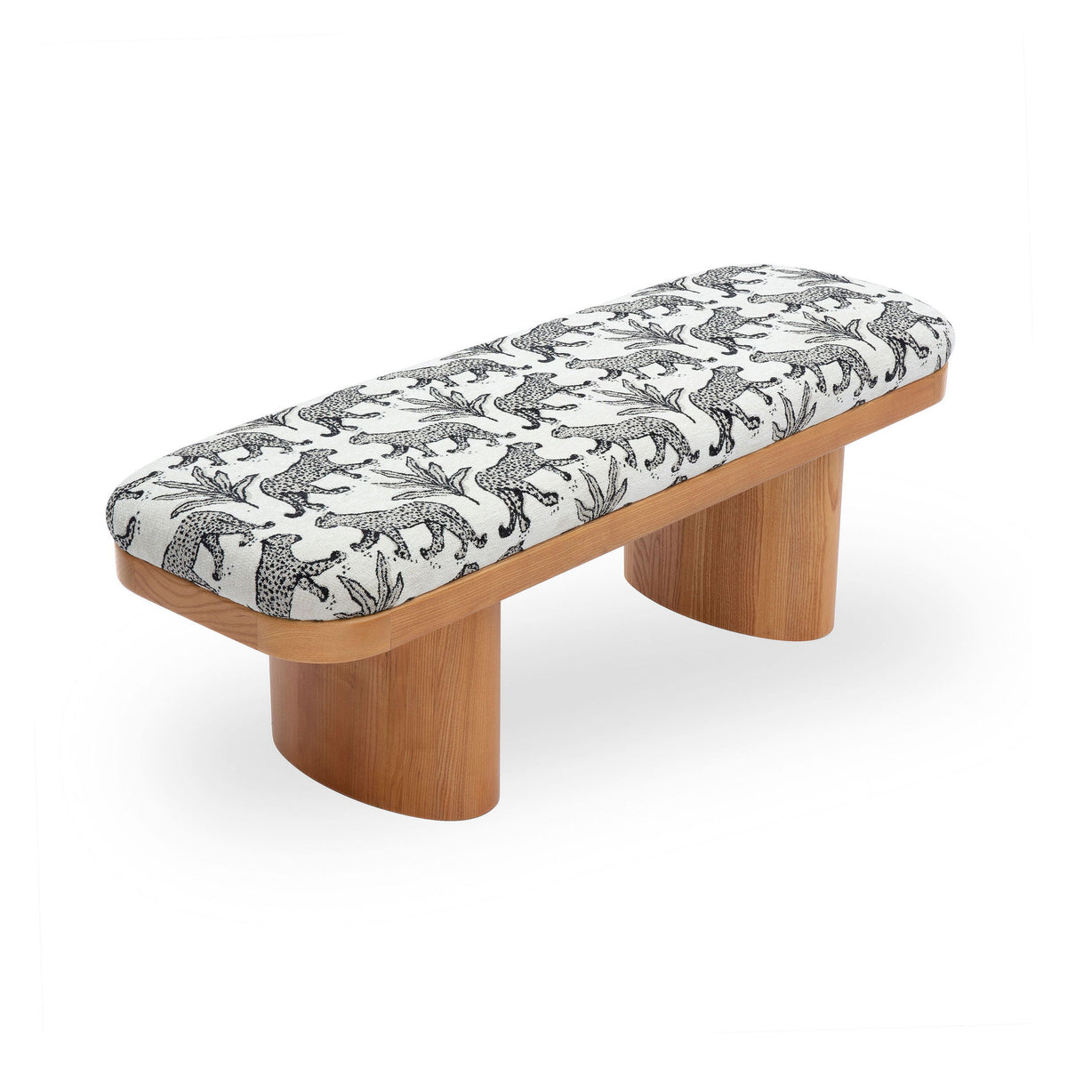Leopard jacquard bench with white top and black animal pattern, curved light wood legs