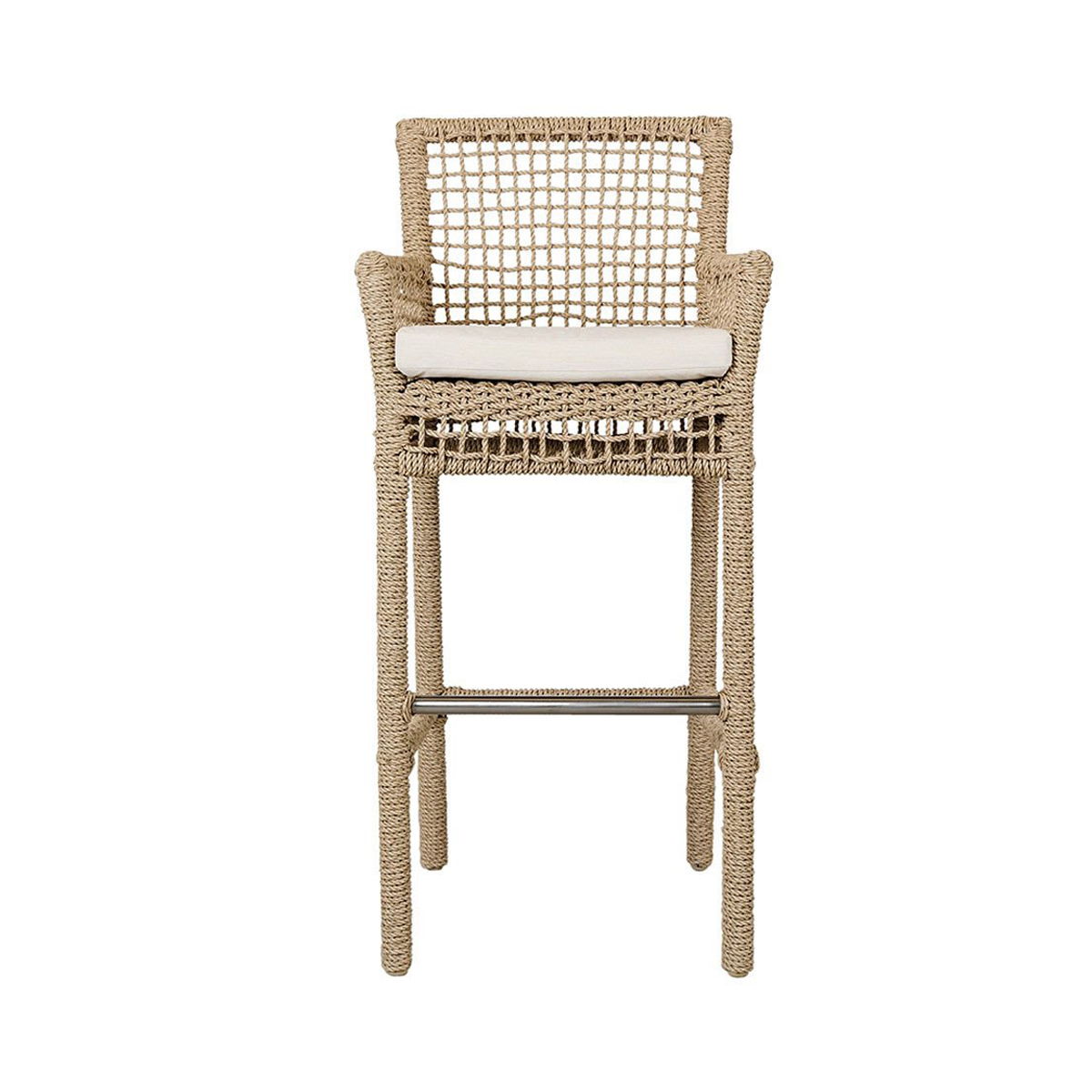 Natural bar stool front view with white cushion and metal footrest