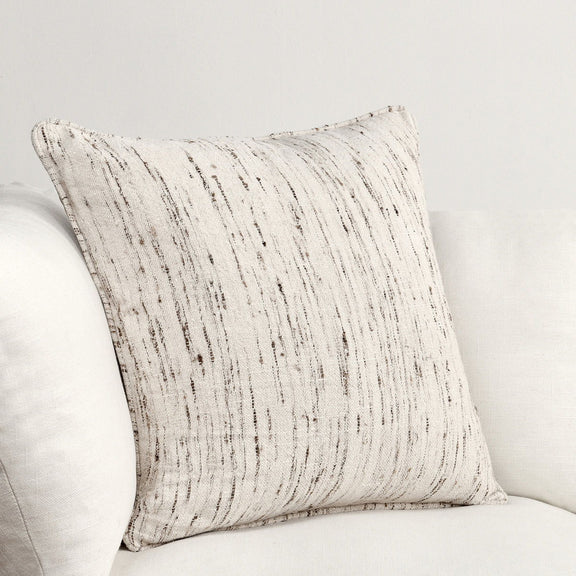 Decorative square pillow, natural off-white woven fabric with vertical speckled stripes