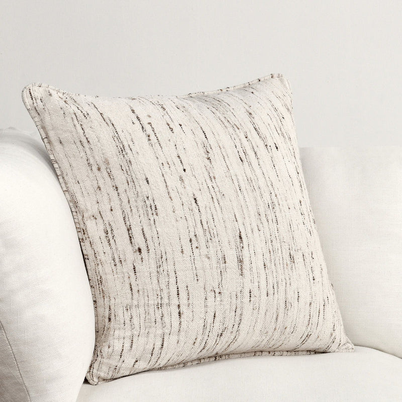 Decorative square pillow, natural off-white woven fabric with vertical speckled stripes