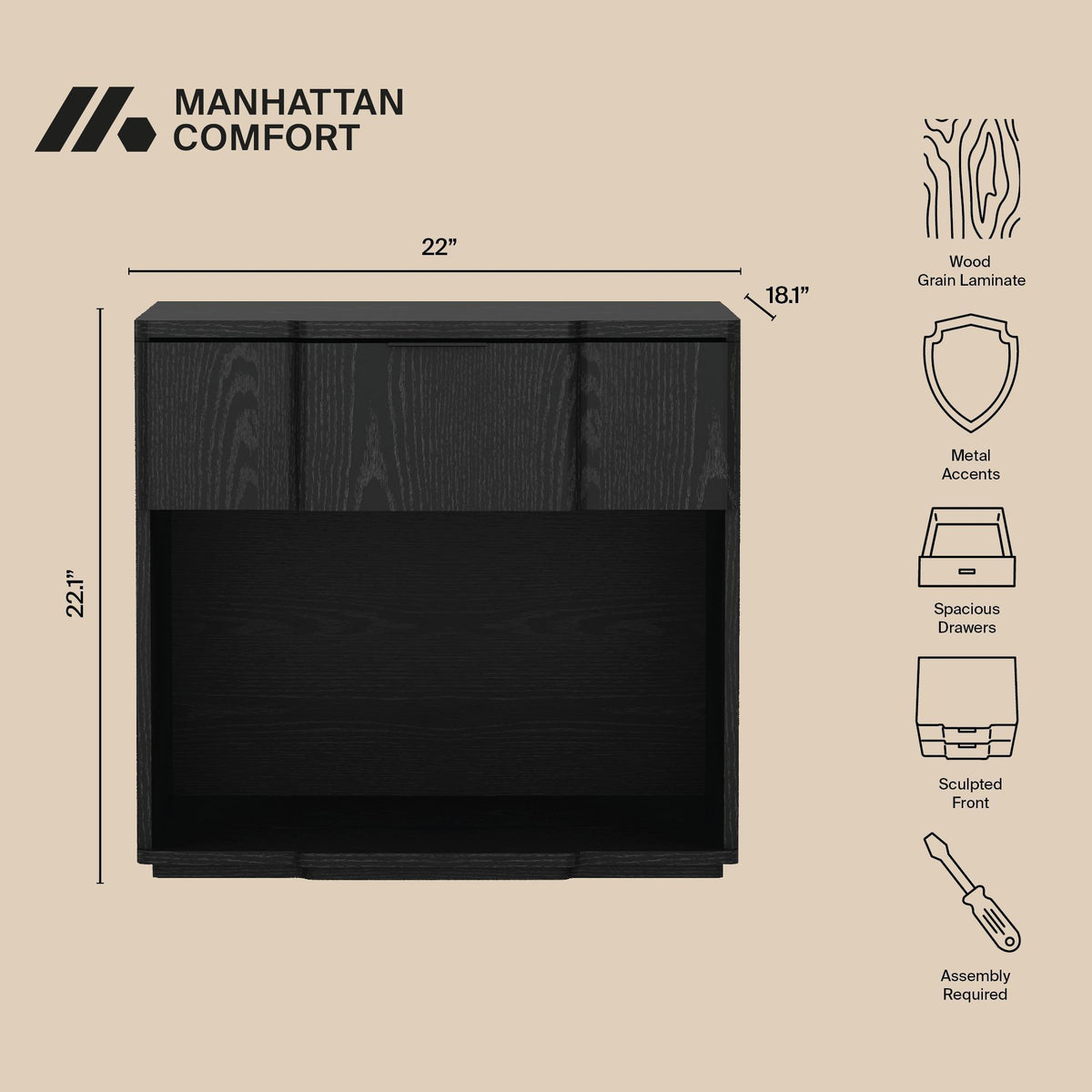 Manhattan Clive - 1-Drawer Nightstand