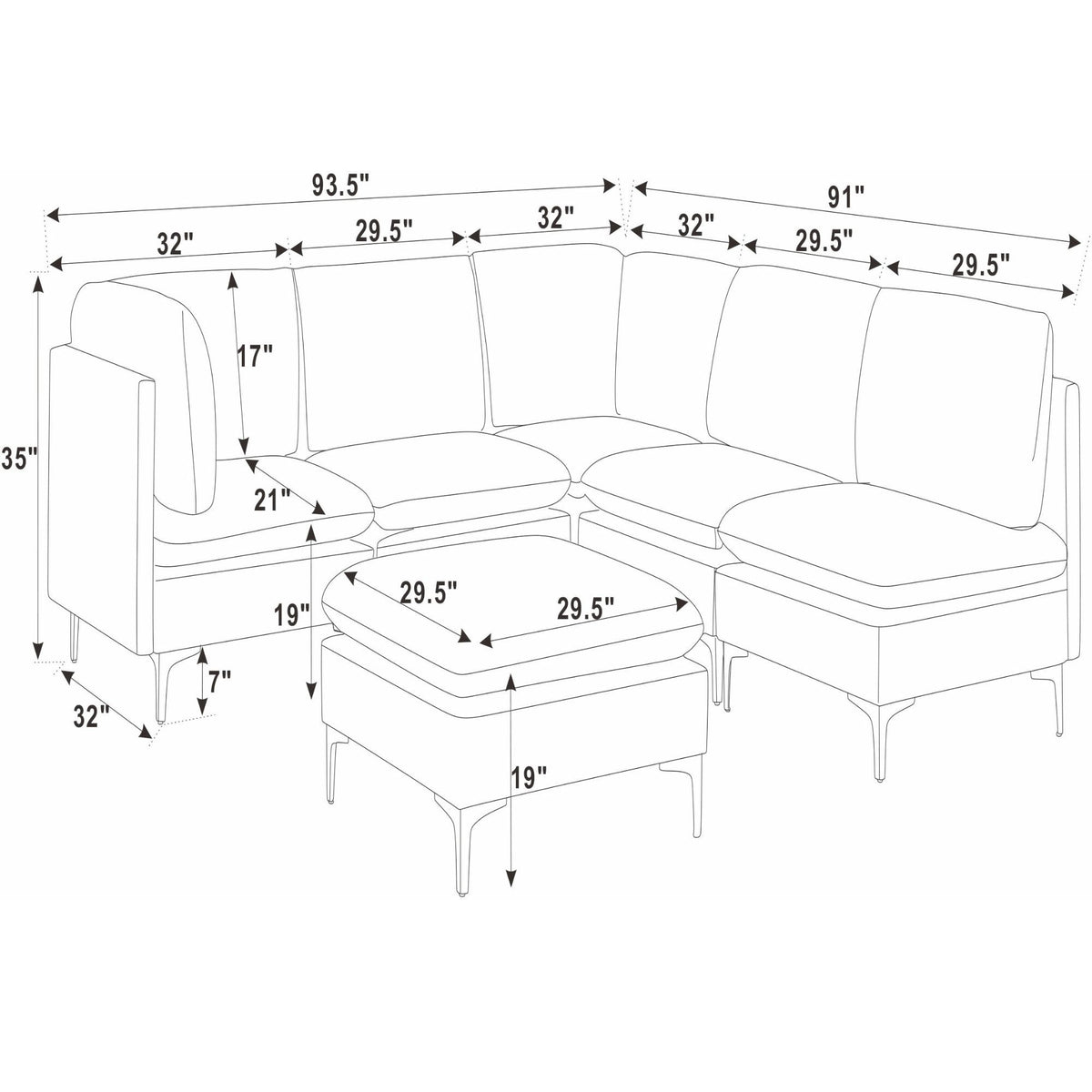 Beige modular sectional with chaise and ottoman and tall legs; measurement diagram