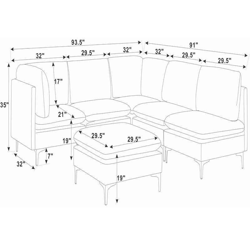 Beige modular sectional with chaise and ottoman and tall legs; measurement diagram