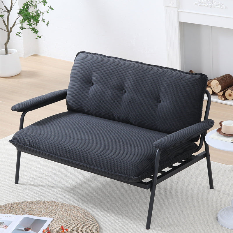 Blue-gray metal frame sofa with striped cushions and padded backrest