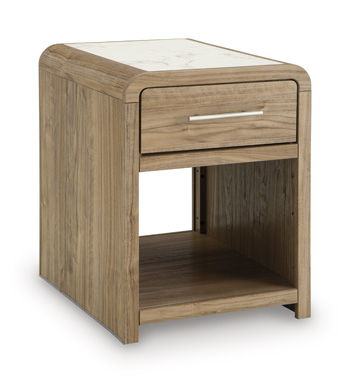 Light brown rectangular table with one drawer and open bottom shelf