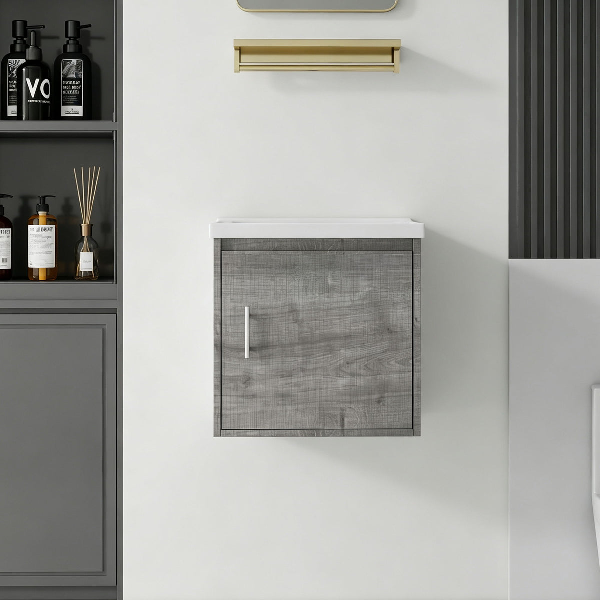 Wall-mounted bathroom vanity cabinet, light gray door panel with vertical handle