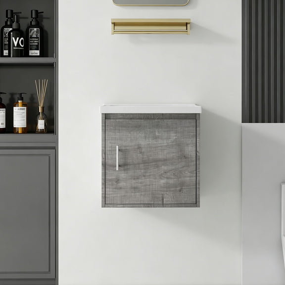 Wall-mounted bathroom vanity cabinet, light gray door panel with vertical handle