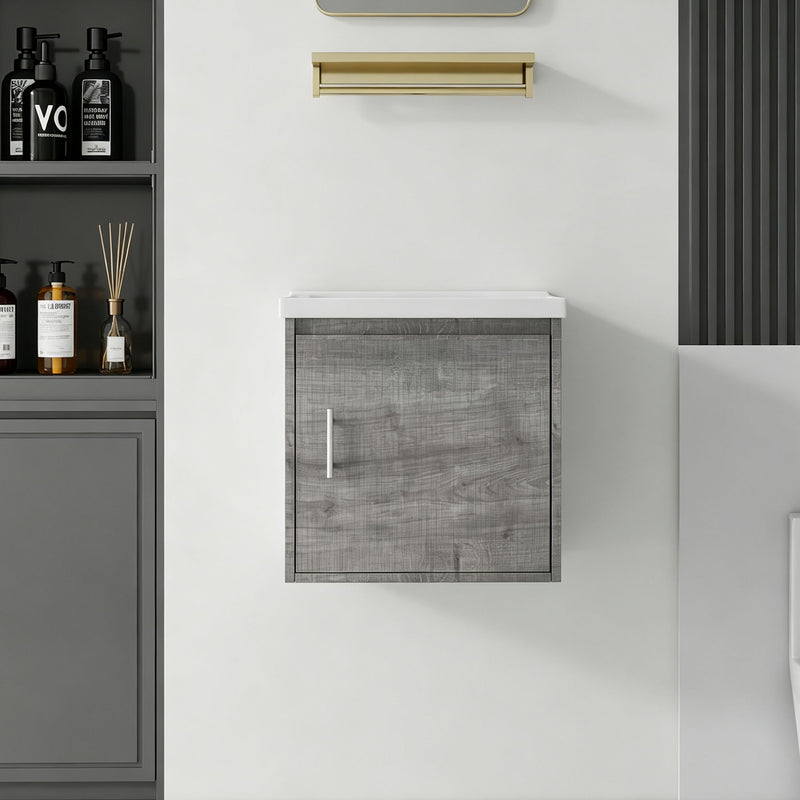 Wall-mounted bathroom vanity cabinet, light gray door panel with vertical handle