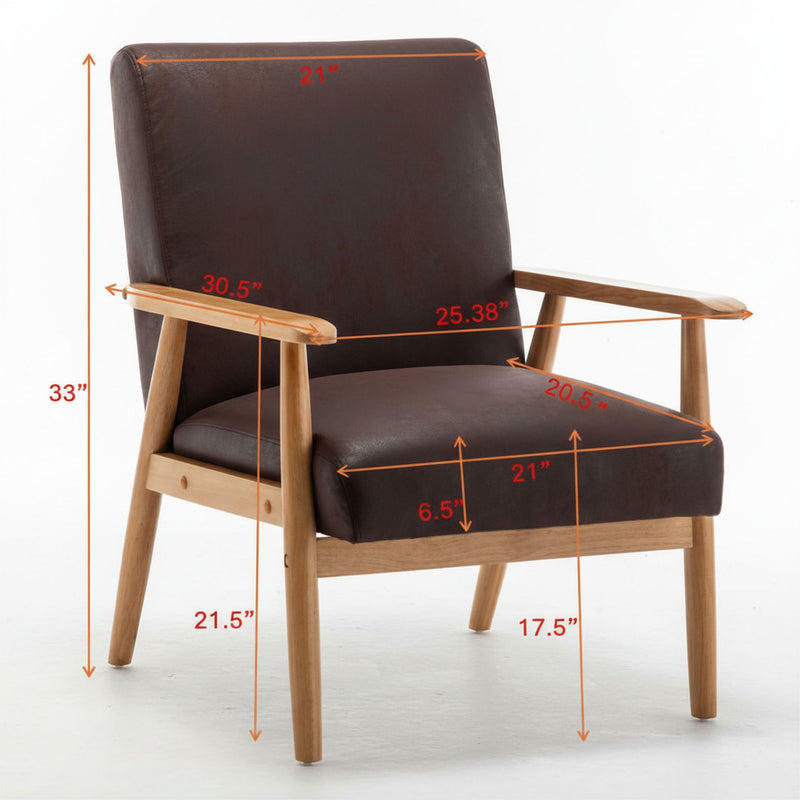 Brown armchair with padded seat and backrest, shown with size measurements