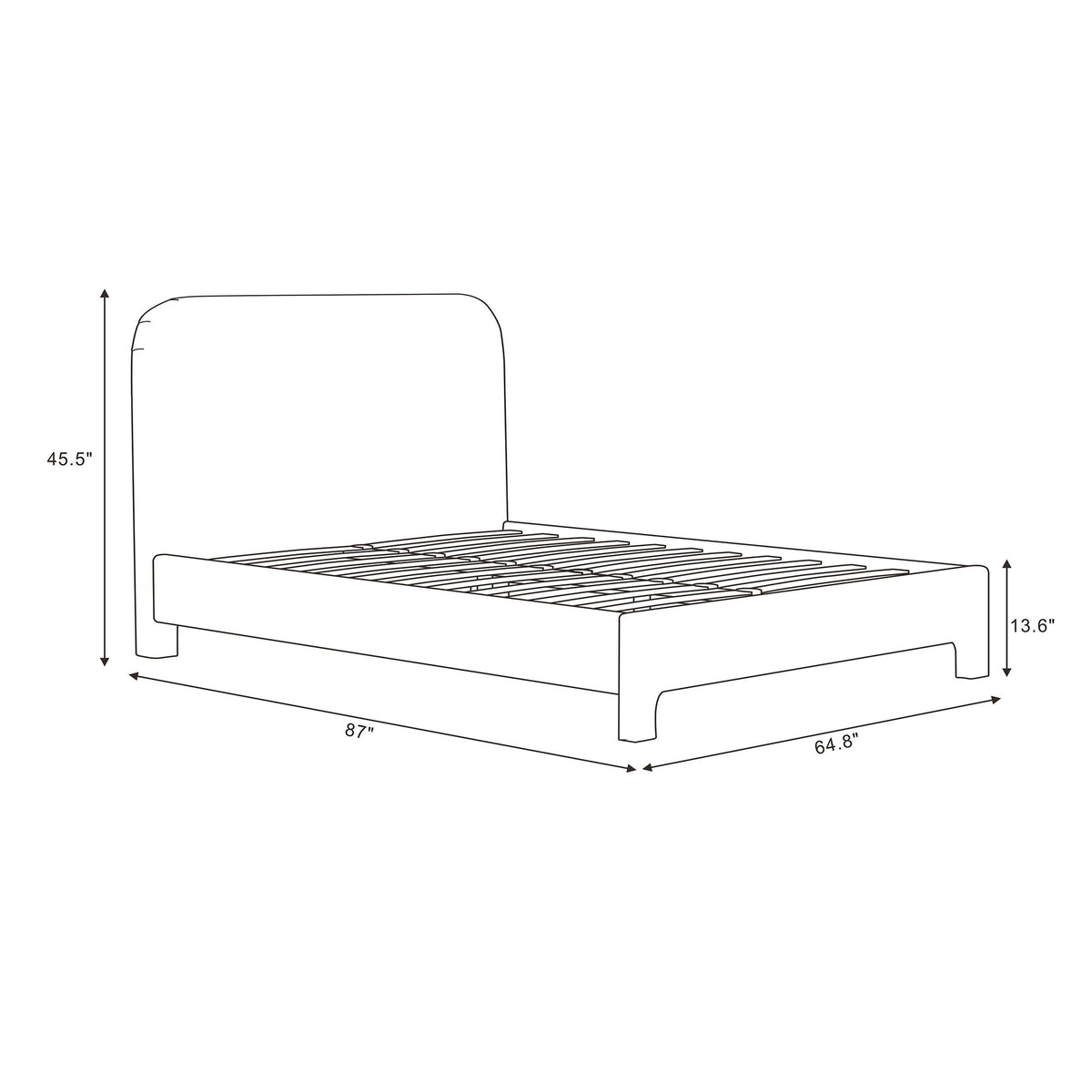 Upholstered bed frame with rounded headboard and slat base, shown with dimensions
