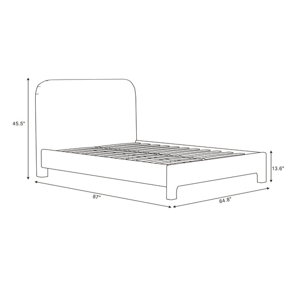 Upholstered bed frame with rounded headboard and slat base, shown with dimensions