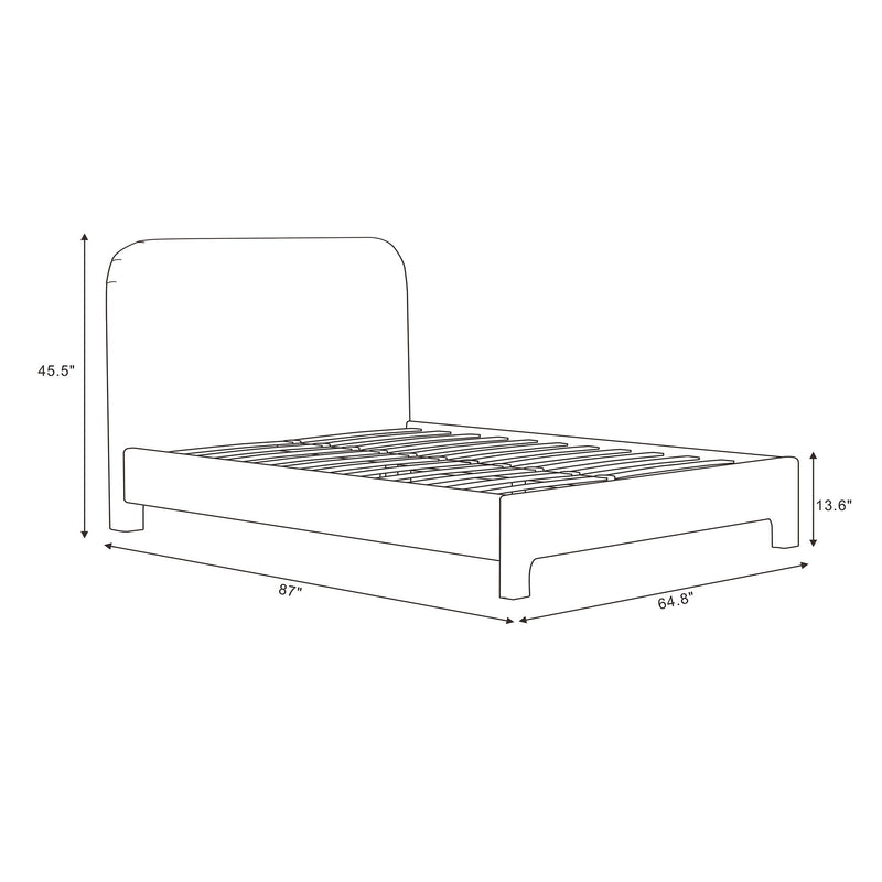Upholstered bed frame with rounded headboard and slat base, shown with dimensions